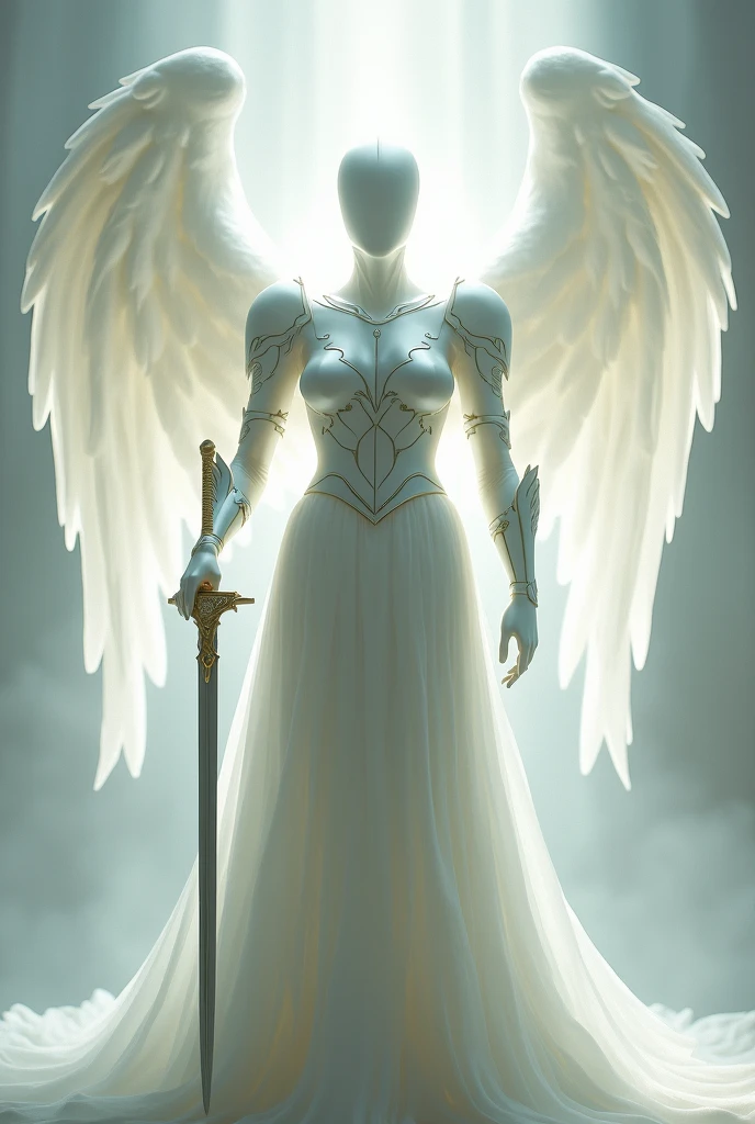 Faceless angel with glowing face and white armor and a sword