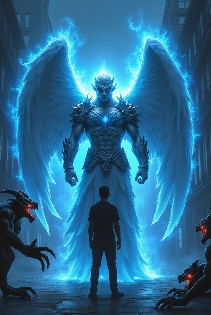 Create a strong angel protecting a man from a demon who wants to attack the man, but without success because the angel does not allow it. Use blue and dark colors. on a street.
