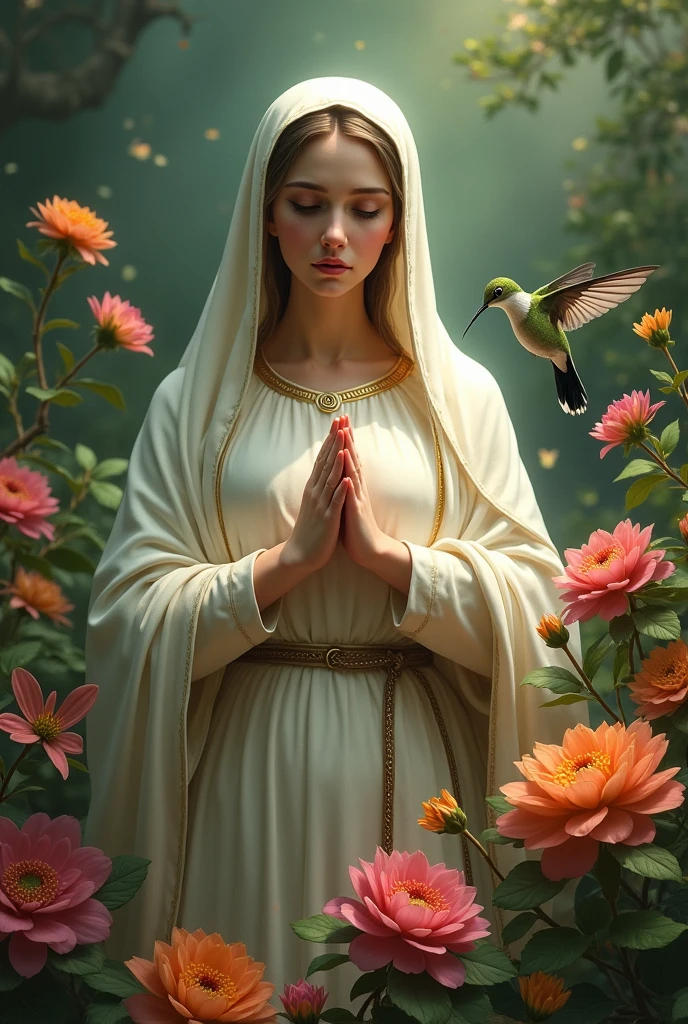 ((best quality)), ((masterpiece)), (detailed), virgin mary, with a hummingbird in a flower
