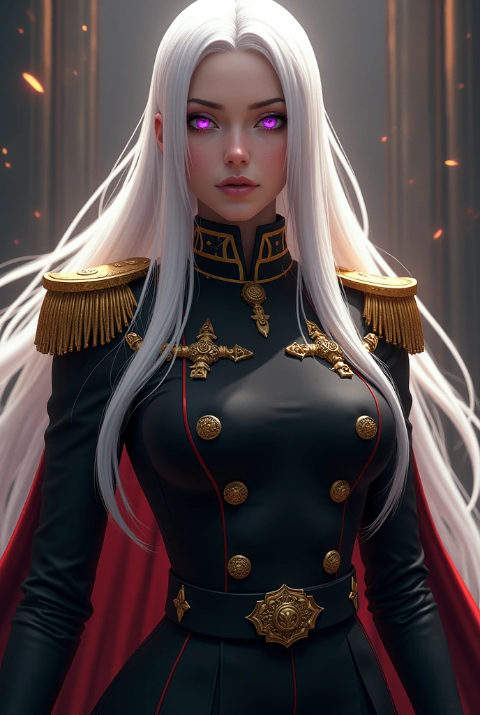 A woman with long straight white hair with violet eyes and wearing a black general&#39;s outfit with gold details 
