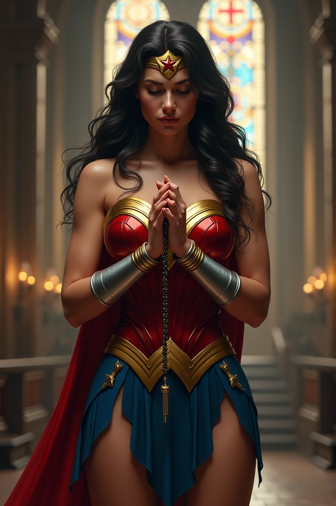 Wonder Woman praying the rosary