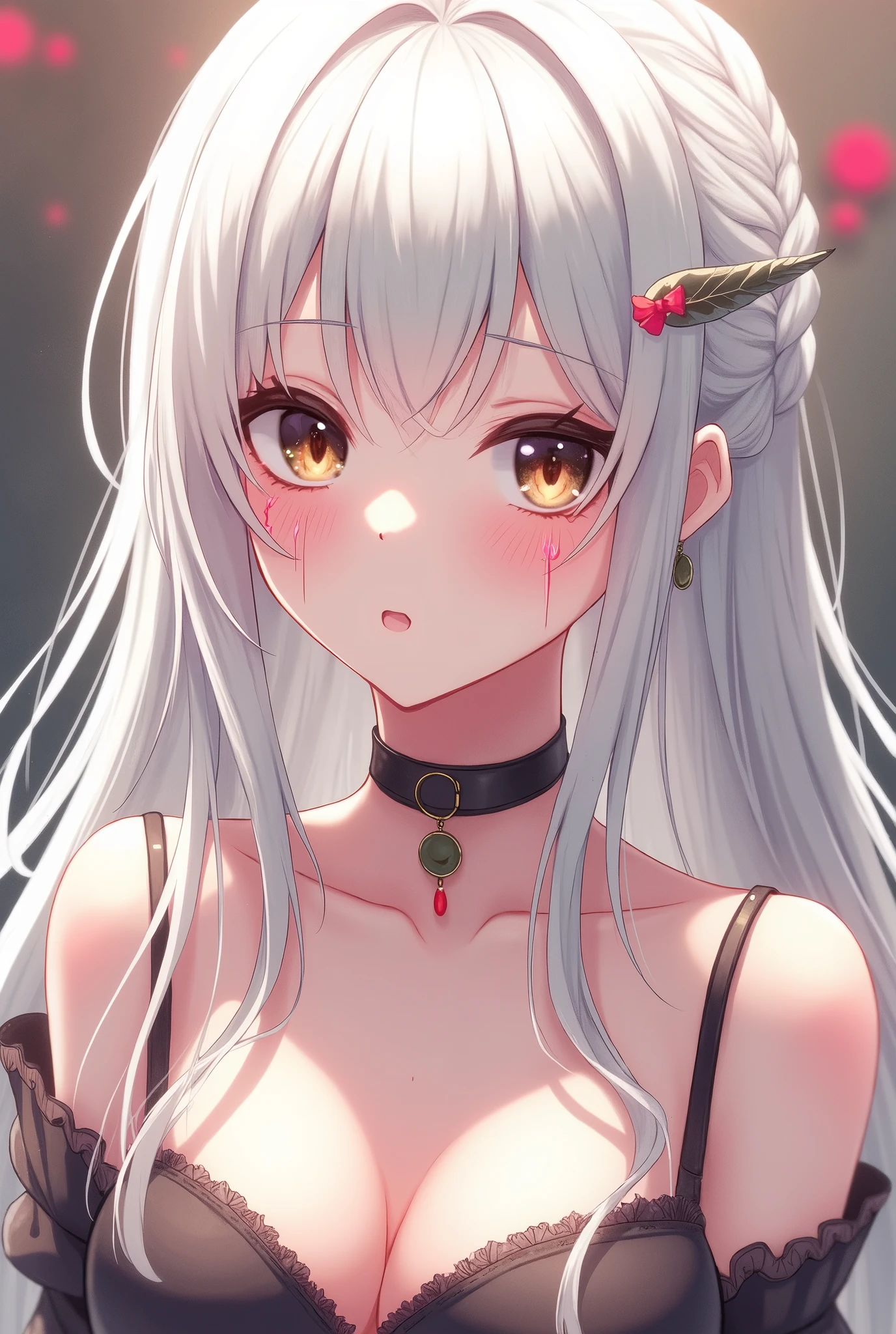 a anime character has Long white hair limited at the neck and has some red touches. Brown eyes. Round earrings. small chest not visible to people