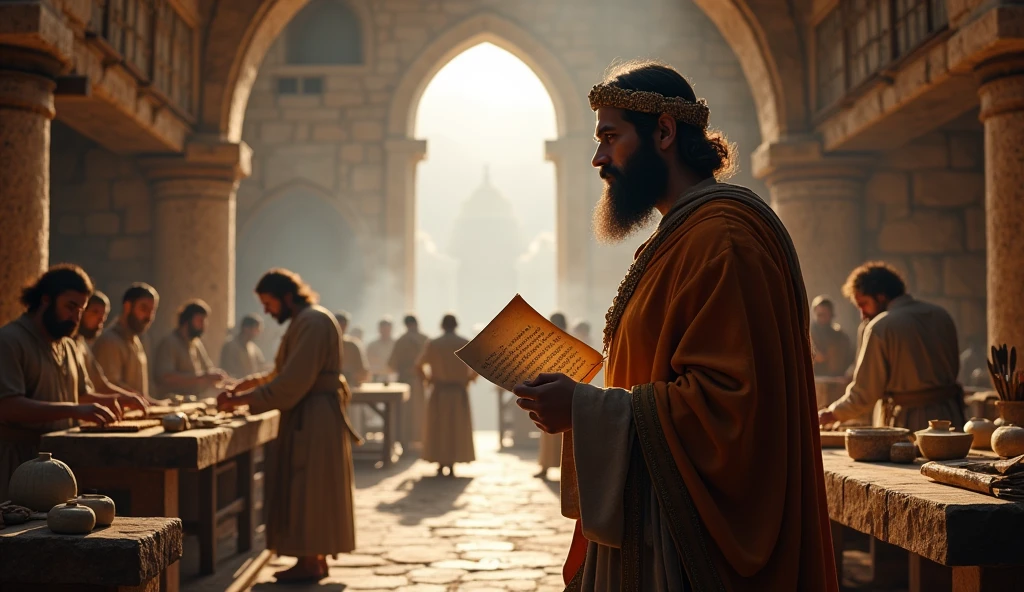 Create a hyper-realistic and mysterious image of Solomon in a large ancient workshop, where craftsmen are busy working on different tasks, how to sculpt, weave and forge. Solomon is watching closely, with an expression of approval, while holding a scroll on which is written the quote from Proverbs 14:23. The environment should be lit by natural light that enters through large stone windows, creating a soft contrast between light and shadows, highlighting the diligent effort of the workers. The scene should emphasize the connection between hard work and success, showing that effort is rewarded with prosperity.