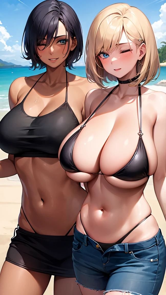 (2girls:1.6), (2mature womans:1.5)(gleaming skin:1.3), detailed eyes, mature woman, A milf with black short hair, sky-blue eyes, one eyeclosed, wearing a metallic bikini, gigantic breast,standing, beach. 