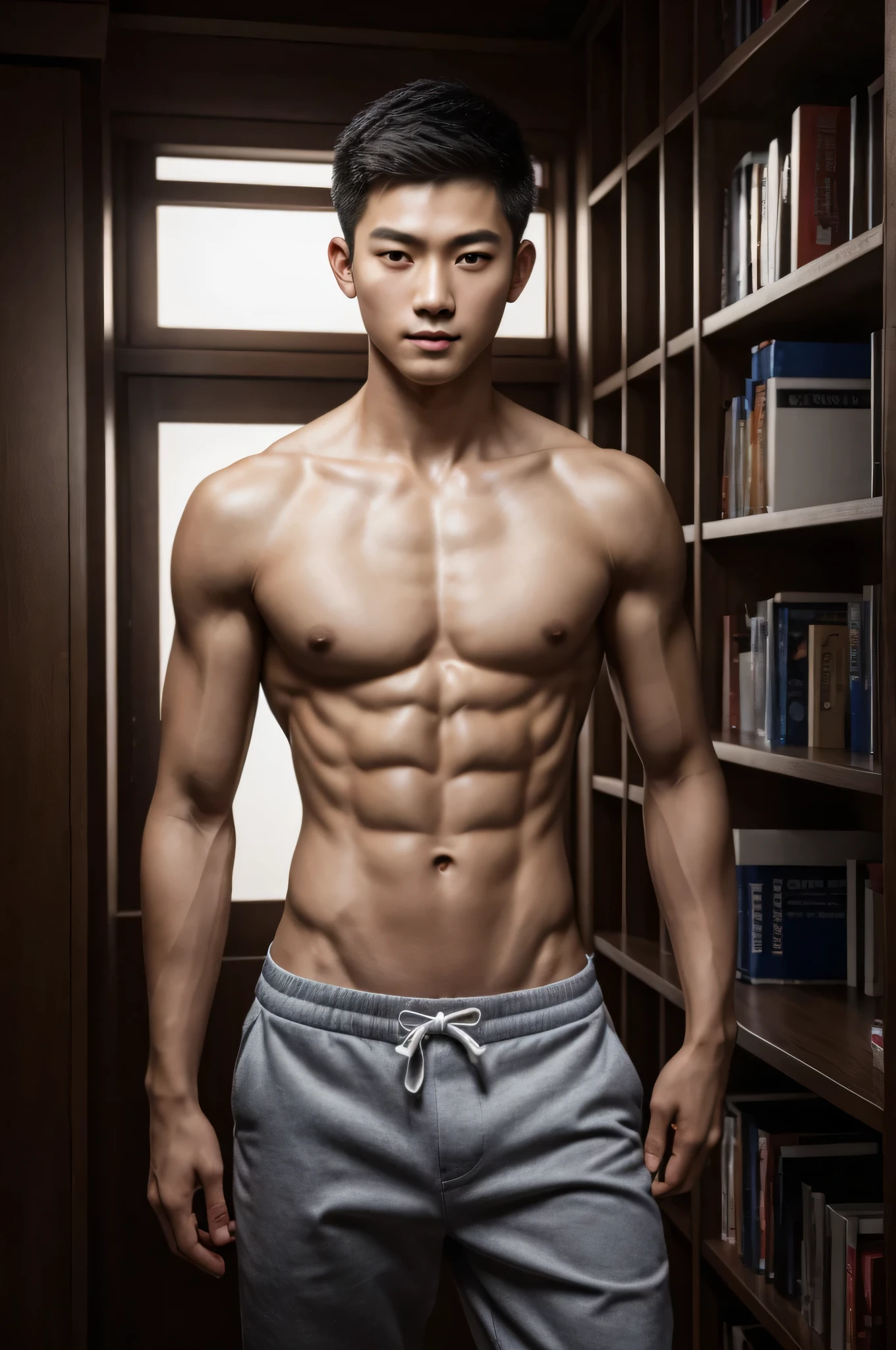 (masterpiece:1.2, photorealistic:1.4, ultra realistic, super detailed, 4k, best quality), a Chinese boy standing in a college library shirtless and wearing only pants, young face, chinese idol, very slim body build, skinny, twink, lighcle definition, young boy, handsome face, Cute and lively, detailed eyes, detailed face, full body image, Super refined, detailed face, detailed eyes, ultra realistic skin, shot on Nikon d850 50mm, dlsr, RAW, cinematic lighting, 3 point flash with soft box