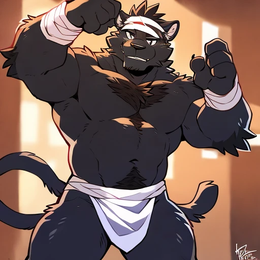 by takemoto arashi, ((full body)), (1boy), solo, male anthro, kemono, hot body, hunk, sexy, bara, handsome boy, (masterpiece, high res, best quality, watercolor shading), 4k, soft skin, Physical man, furry art, professional furry drawing, black panther, plain black fur all over his body solid black fur, self black cat, small chest, thick scruffy fur, scratch marks on shoulders, short round muzzle, chewing on toothpick, tiny twig in his teeth, major overbite, large chin, short round snout, tired eyes, tiny lines for pupils, thick white eyebrows,  round pierced ears, small gold hoop earrings, thin cat nose,white sumo loincloth, thick bulky waistband, ((white thin bandana tied around his forehead, thin white sweatband on his forehead)), flat stomach, tuft of white chest hair, thin white mohawk, thin white pubic hair,  (((black underbelly, black torso and mouth, perfectly square silhouette))), thick hands, bored expression 