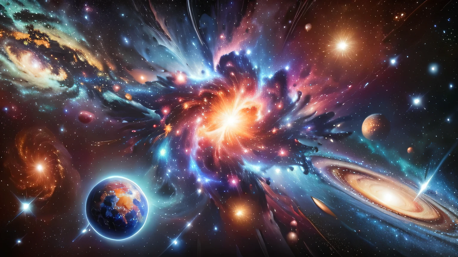 a graphic image of a galaxy with an explosion of stars and planets, galaxy exploding, cosmic and colorful, cosmic space, humanity as a cosmic structure, cosmic universe, in the universe.highly realistic, significado da vida in the universe, The beginning of the universe, Nebula explosion, supernova explosion, creation of the universe, end of the universe, The universe and everything, Nascimento do Universo