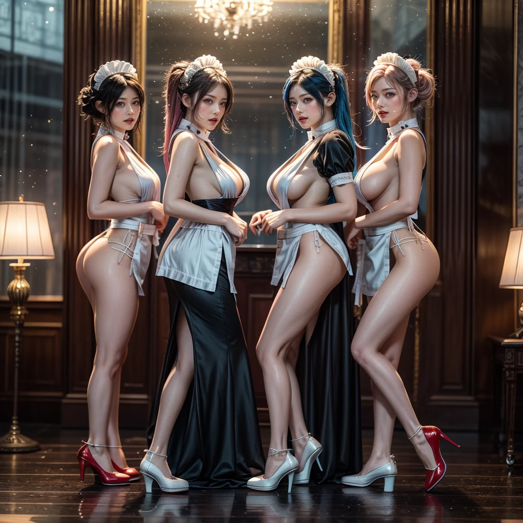 (Full Body of Extremely Detailed((Sexy Maid Group in a row:1.37))), KAWAII perfect face with Reflective Eyes, Detailed(Delicate Clothing textures), Correct Graceful Legs, Dynamic Joyful Expressions LifeLike Rendering, Specular Reflection, TopQuality 8K Ultra-detailed masterpiece (ProfessionalPhoto:1.37), (Acutance:0.8), (Luminism:1.28), Renaissance art style, Colorful Light particles, (Full body from side) {MicroMini Skirt|Kissing Face to Face|Thigh Gap|Cute Peach AssFocus|(NakedApron with (Overflowing Sideboob))}, Radiant Fine Skin with Transparency, (Exposed:0.4) {Pink Hair|LightBlue Hair|Blonde|Pure White Hair|Liquid Hair|Red Shoes}, Perfect Lighting