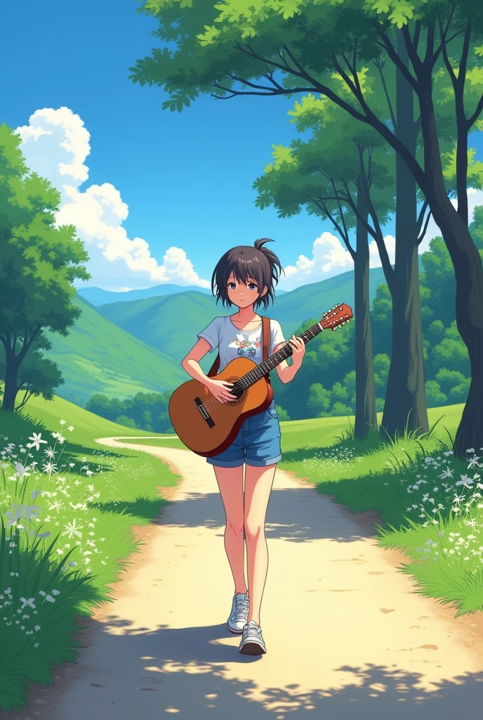 anime girl walking on a country road and playing guitar with short hair and short casual clothes and a t-shirt with a ponytail hairstyle