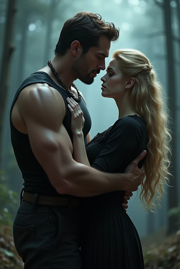 Homem stark estilo Crepúsculo, 3, stark, tall muscular, holding the arms of an 18 year old girl, blonde, piercing look, dressed in a black dress Vintage style 