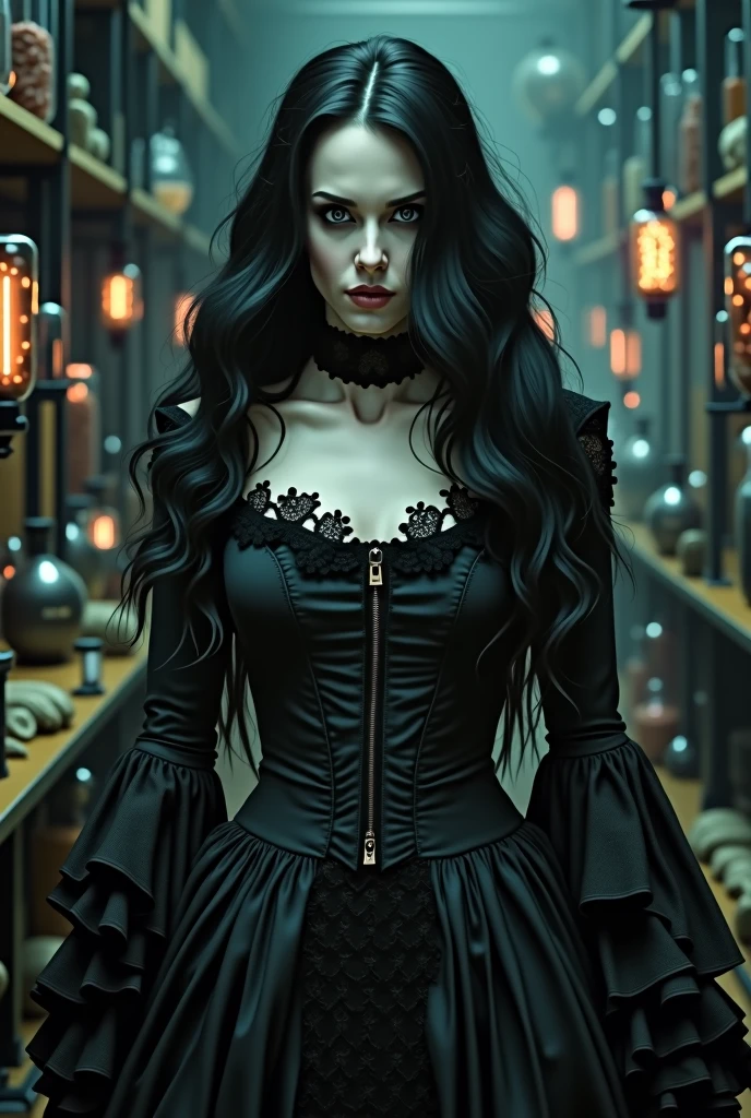 a detailed portrait of the bride of frankenstein, pale skin, long black hair, intense eyes, sharp facial features, ornate victorian dress with lace and ruffles, standing in a dimly lit laboratory with tesla coils and glass jars, cinematic lighting, dramatic shadows, muted gothic color palette, (best quality,4k,8k,highres,masterpiece:1.2),ultra-detailed,(realistic,photorealistic,photo-realistic:1.37)