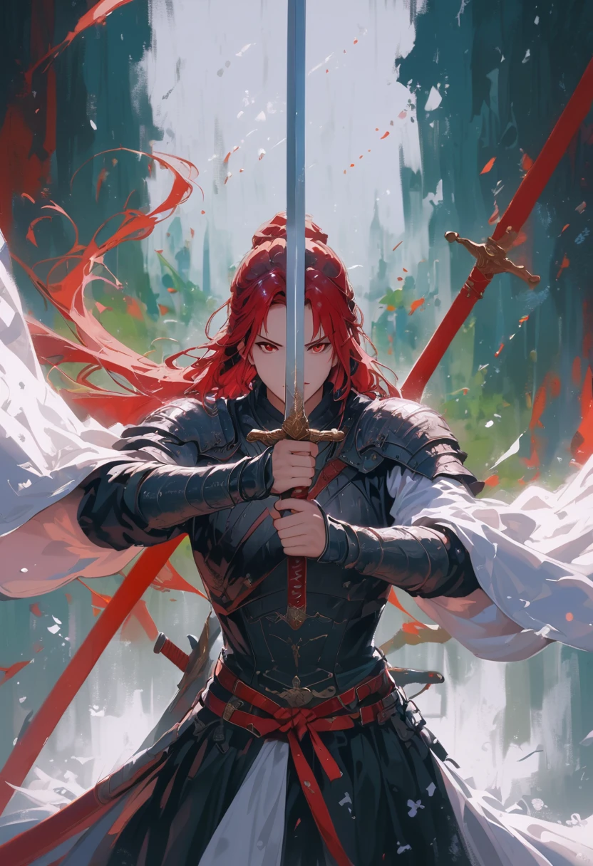 A swordman, medieval art, heroic figure,wearing red armor like madara with black long sleeve t shirt with long black trouser fitness body with muscle look like ff7 sephiroth,detailed and sharp sword, intense eyes red eyes and focused expression,white heir color, dynamic pose, dramatic lighting, vibrant colors, high contrast, epic fantasy background, misty atmosphere, action-packed, dynamic brushwork, oil painting style, ultra-high resolution, fine details, professional quality. 