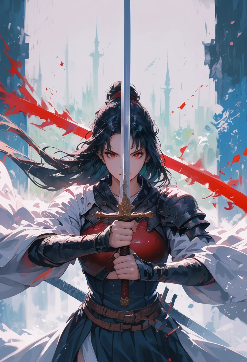 A swordman, medieval art, heroic figure,wearing red armor like madara with black long sleeve t shirt with long black trouser fitness body with muscle look like ff7 sephiroth,detailed and sharp sword, intense eyes red eyes and focused expression,white heir color, dynamic pose, dramatic lighting, vibrant colors, high contrast, epic fantasy background, misty atmosphere, action-packed, dynamic brushwork, oil painting style, ultra-high resolution, fine details, professional quality.
