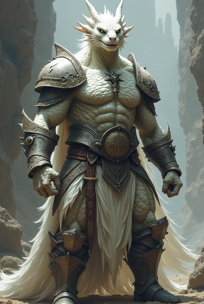 Create a dragonborn, He has no wings, he has white skin, he is less strong, ele é um draconato de dungeons and dragons, he wears heavy armor and has no wings