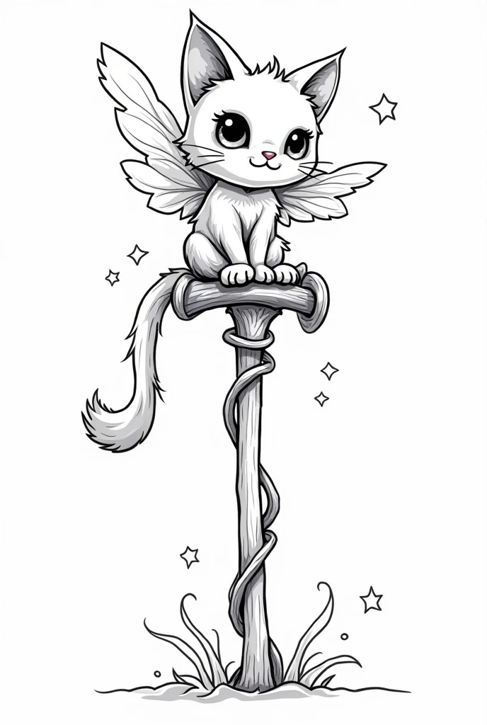 walking stick, kawaii style cat, fancy, magical, mystic, unusual, black andwhite, wavey lines, realistic line art drawing, coloring book page , without noise, thick, crisp lines, sketch art, centred image, isolated on a white background
