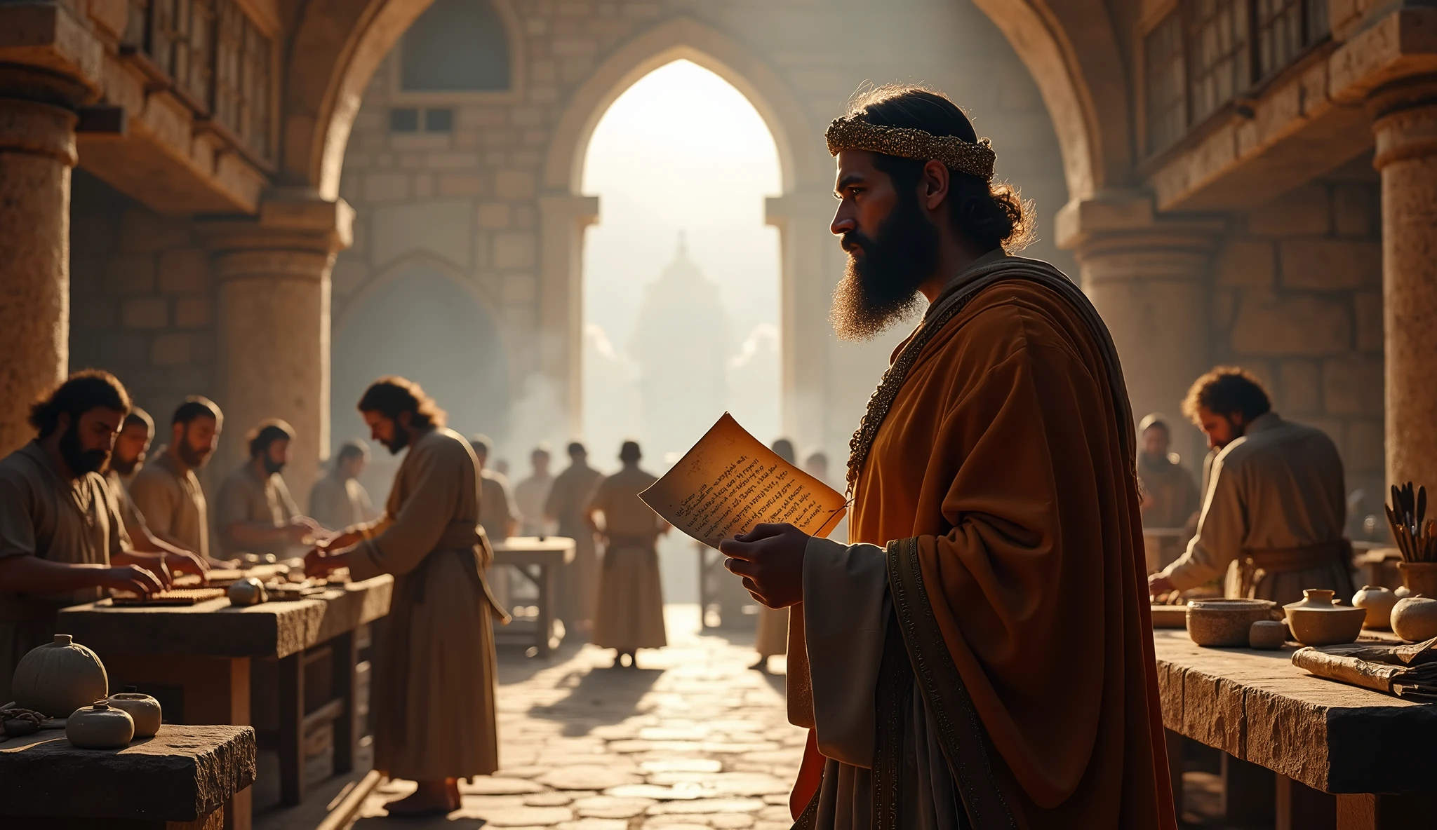 Create a hyper-realistic and mysterious image of Solomon in a large ancient workshop, where craftsmen are busy working on different tasks, how to sculpt, weave and forge. Solomon is watching closely, with an expression of approval, while holding a scroll on which is written the quote from Proverbs 14:23. The environment should be lit by natural light that enters through large stone windows, creating a soft contrast between light and shadows, highlighting the diligent effort of the workers. The scene should emphasize the connection between hard work and success, showing that effort is rewarded with prosperity.