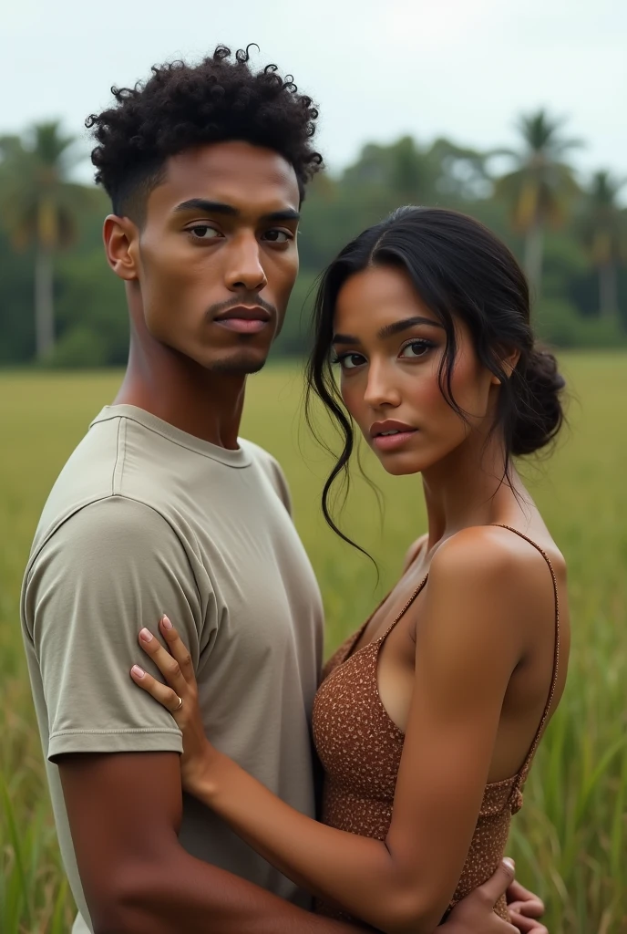 Tall young slim latino Man with the average face of a mexican man except his face has long oval shape has small narrow forehead, low hairline, downturned eyes, high cheekbones, straight eyebrows And straight bumpy wide nose, small mouth, brown skin, curly black hair Ivy league haircut he Is standing next to a Tall young latina woman with the average face of a mexican woman except her face has long oval shape has small narrow forehead, low hairline, downturned eyes, curved eyebrows And straight wide nose, small mouth, of Curvy silhouette, brown skin, her hair Is dark chocolate tied in a low bun with no loose strands , they are in a pasture with tropical trees at the distance looking at the camera with neutral expresion