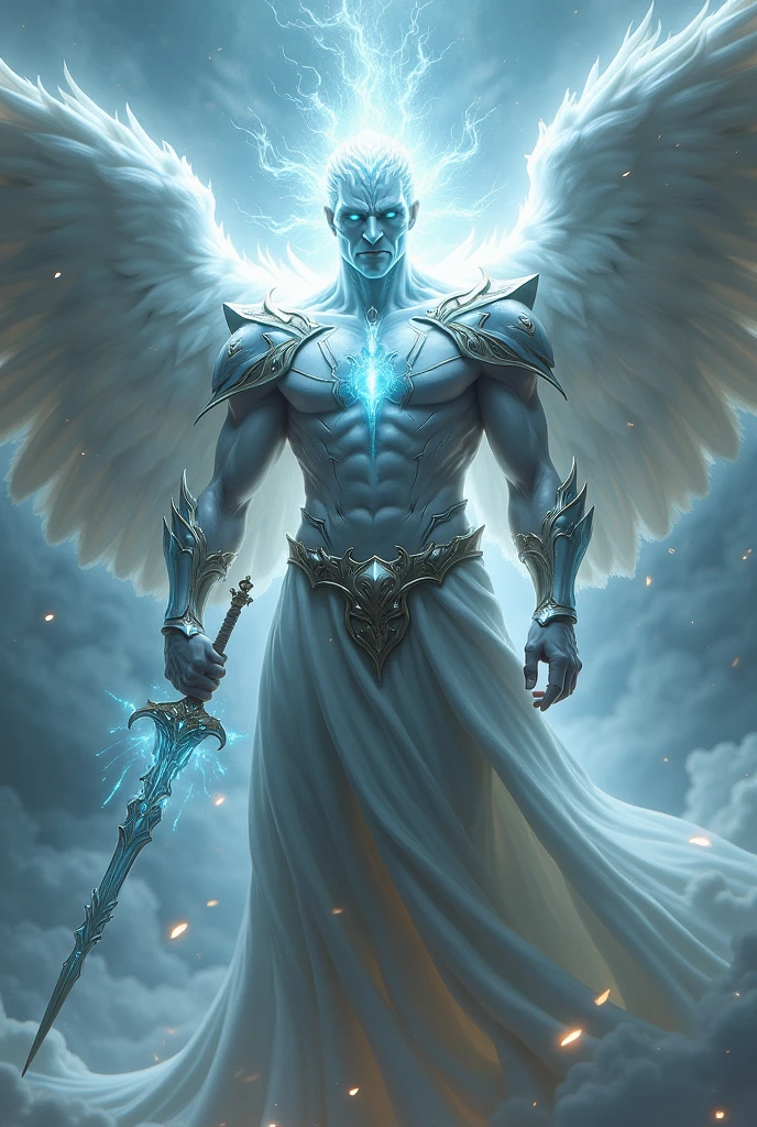 Faceless male angel with glowing face and white armor and a sword