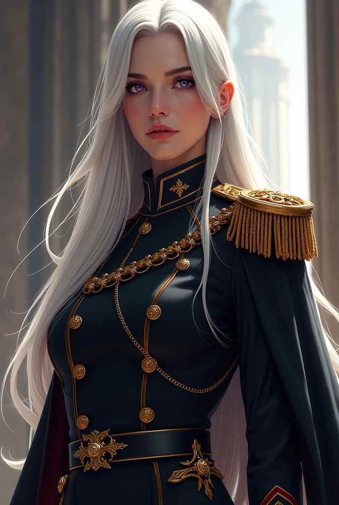 A woman with long straight white hair with violet eyes and wearing a black general's outfit with gold details
