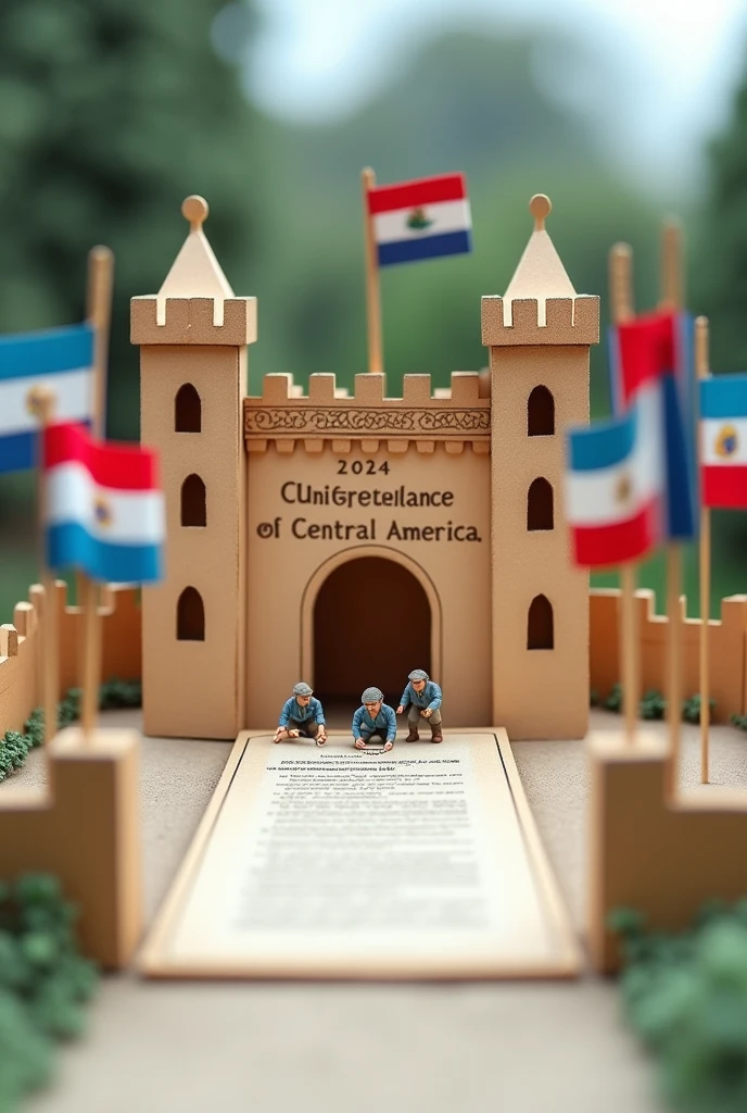 Create a paper and foam model of the Central American Act of Independence, A castle with the Act of Independence inside and outside the castle the 5 Central American flags and above a motto that says 203rd anniversary of the Act of Independence of Central America but with the little people signing the act inside