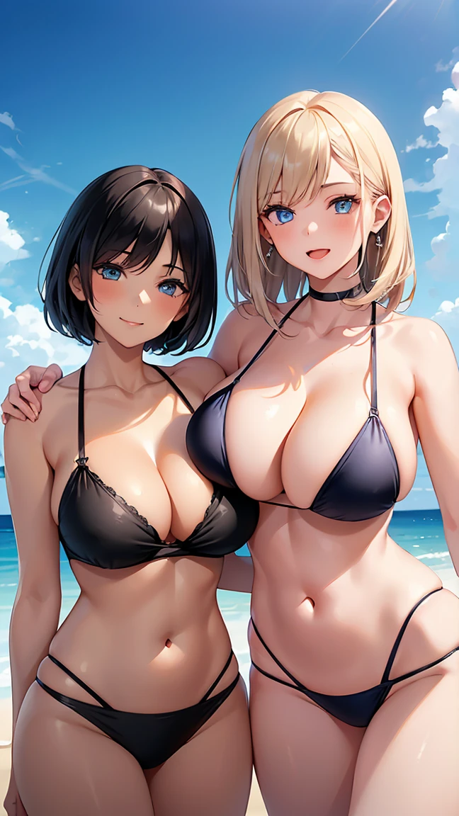 (2girls:1.6), (2mature womans:1.5)(gleaming skin:1.3), detailed eyes, mature woman, A milf with black short hair, sky-blue eyes, one eyeclosed, wearing a metallic bikini, gigantic breast,standing, beach. 