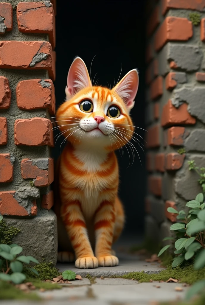 orange cat peeking from behind wall