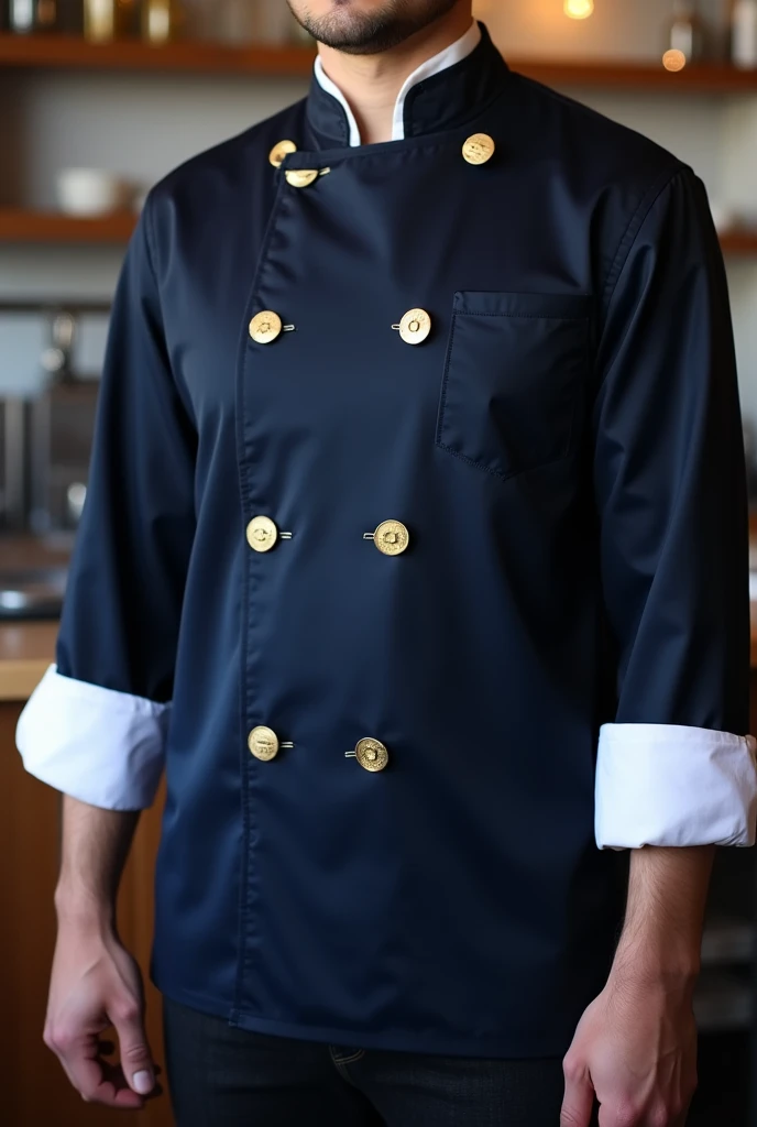 Chef jacket color: Navy blue White sleeves inside and gold buttons
