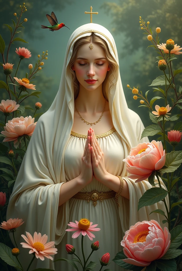 ((best quality)), ((masterpiece)), (detailed), virgin mary, with a hummingbird in a flower

