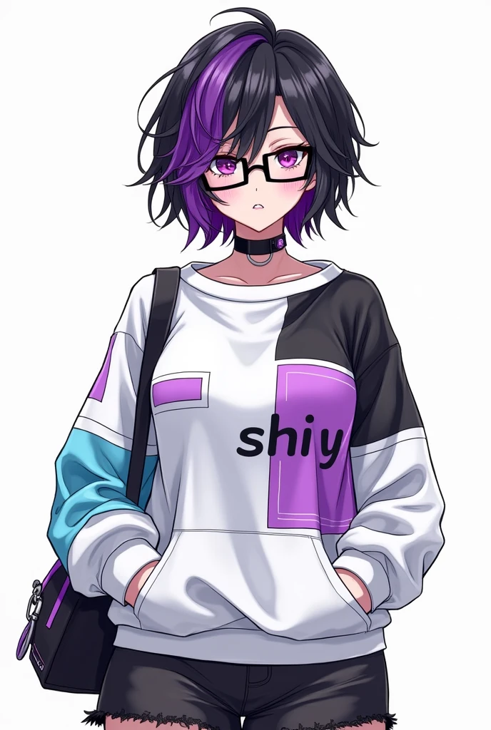 Make a drawing-type image of a female character with these characteristics: hair: The hair is black with dark purple highlights.. It's short and messy, with locks falling over her forehead and sides. One strand in particular is highlighted in bright purple. face: He wears rectangular-framed glasses, purple eyes Clothes: Wear a modern and futuristic style hoodie. The sweatshirt has a white design, black and purple, with light blue details. on the chest, you can clearly see the text "SHIYU", and the sweatshirt has various geometric elements and patterns, including triangles and lines. Accessories: She wears a black choker around her neck., which reinforces its alternative look. besides, A black shoulder bag with purple and blue details crosses his chest., which appears to be both a fashion accessory and a functional one. the background should be white and look like it's a drawing or a sketch that is busty with big breasts
