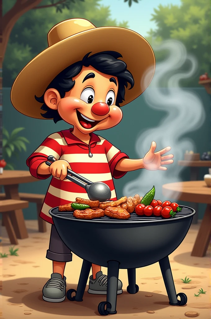 Kiko from Chavo del 8 making a barbecue on a grill