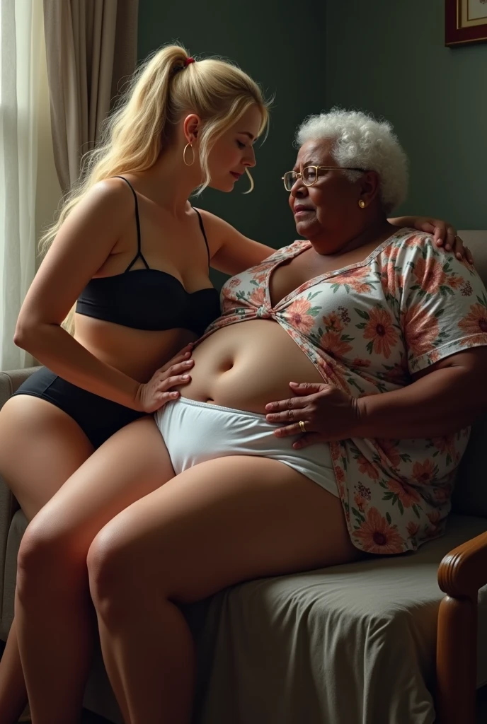 Create an image of an adult blonde woman with her hair tied in a ponytail, wearing white panties and a black strapless top lying on the lap of an elderly lady, 90 years old, fat black woman, wearing a floral dress and glasses, who is taking off the woman's panties.