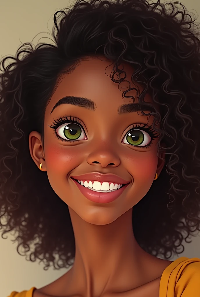 a black girl with brown skin with green eyes almond shaped eyes long wispy lashes button nose full pink lips curly dark brown hair arched eyebrows smiling showing dimples and pearly straight white teeth freckles