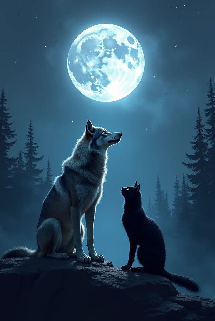 Wolf and cat command a full moon