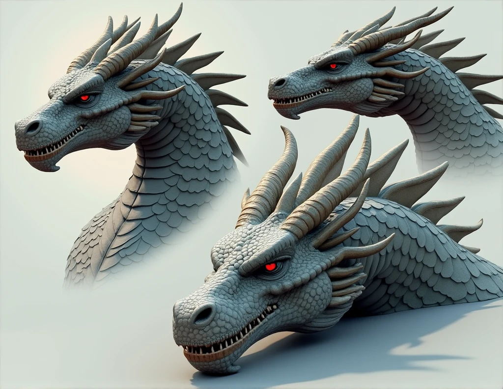 Dragon head looks horizontally, looks straight from above and from below