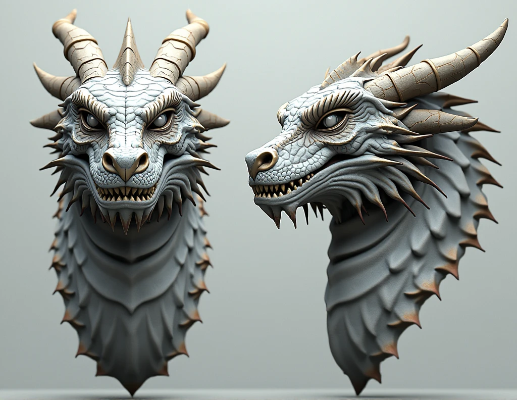 Dragon head looks horizontally, looks straight from above and from below