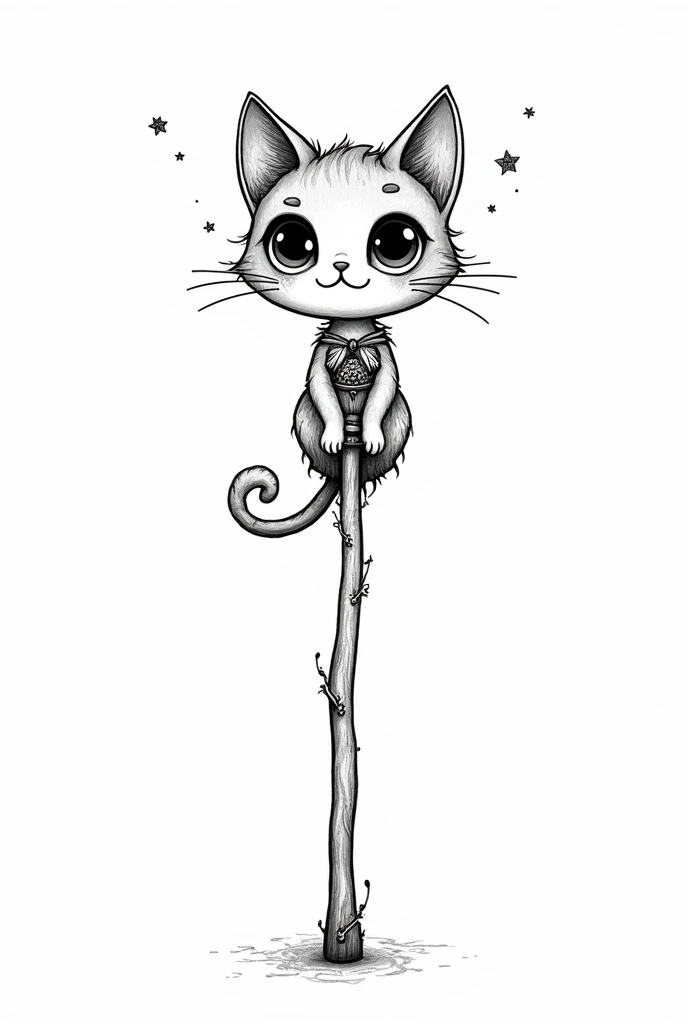 walking stick, kawaii style cat, fancy, magical, mystic, unusual, black andwhite, wavey lines, realistic line art drawing, coloring book page , without noise, thick, crisp lines, sketch art, centred image, isolated on a white background
