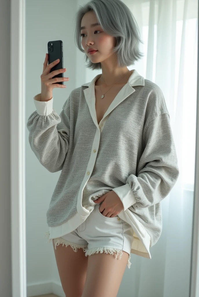 highly detailed, beautiful, hyper Realistic girl, masterpiece, best quality, Japanese sexy gravure woman, 28-years-old, identity hidden, takes a selfie in her room using a smartphone in front of a mirror with one hand, Hold the bottom of your shirt with one hand、fashion model Posing, looking away from the camera, /// gray short hair, light color eyes, Realistic skin, Detailed face, /// Design a futuristic fashion ensemble centered on white, (wearing a All News Paper Print Big soft Shirt, Shorts are hidden in a big and logshirt). Complete the look with white ankle boots that have a metallic finish and a translucent, The overall vibe should exude a sleek, forward-thinking style that seamlessly blends modern minimalism with a touch of the future, /// Monotone simple modern taste single room, mirror, complicated background,