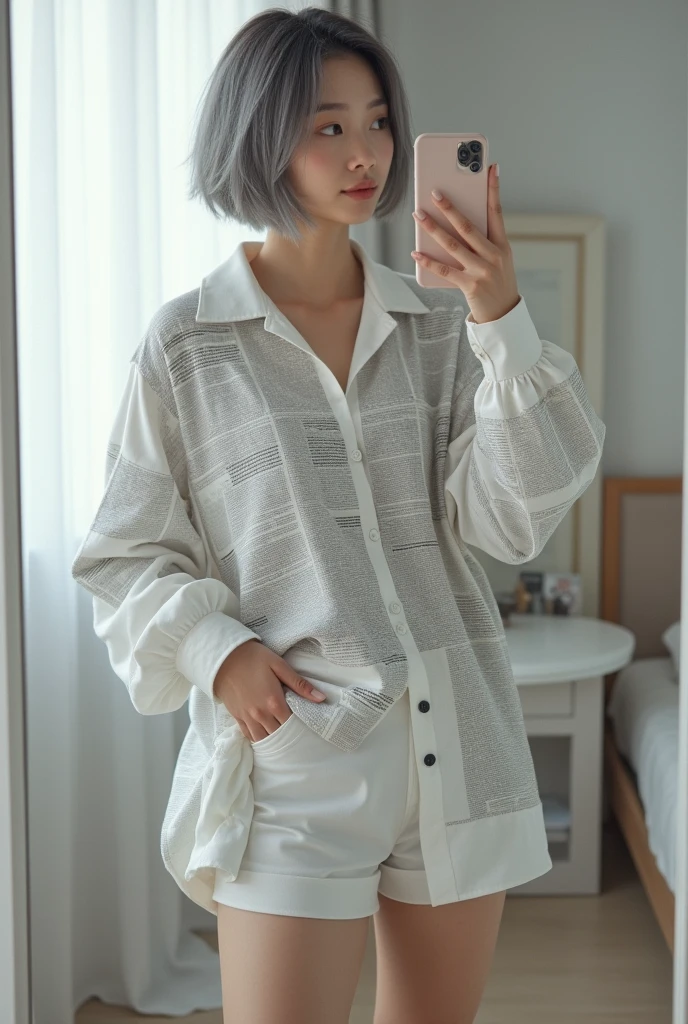 highly detailed, beautiful, hyper Realistic girl, masterpiece, best quality, Japanese sexy gravure woman, 28-years-old, identity hidden, takes a selfie in her room using a smartphone in front of a mirror with one hand, Hold the bottom of your shirt with one hand、fashion model Posing, looking away from the camera, /// gray short hair, light color eyes, Realistic skin, Detailed face, /// Design a futuristic fashion ensemble centered on white, (wearing a All News Paper Print Big soft Shirt, Shorts are hidden in a big and logshirt). Complete the look with white ankle boots that have a metallic finish and a translucent, The overall vibe should exude a sleek, forward-thinking style that seamlessly blends modern minimalism with a touch of the future, /// Monotone simple modern taste single room, mirror, complicated background,