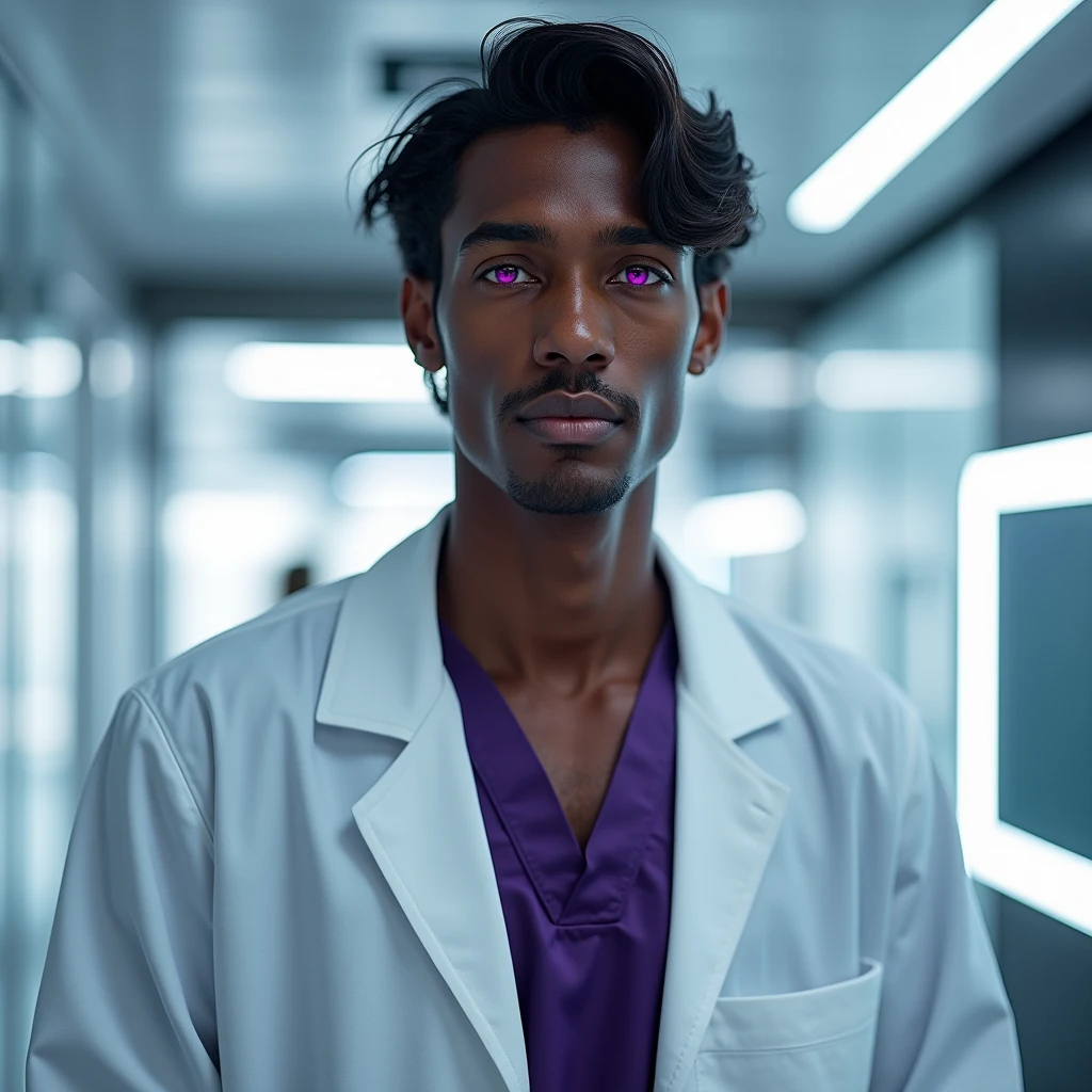 Photograph headshot, hair wavy side part, very tall French featured male model, shaved, toned body, ebony skin, vibrant purple eyes, tall thin toned body. Gentle smile expression. Doctor coat, dark purple shirt, modern sci-fi hospital office.
