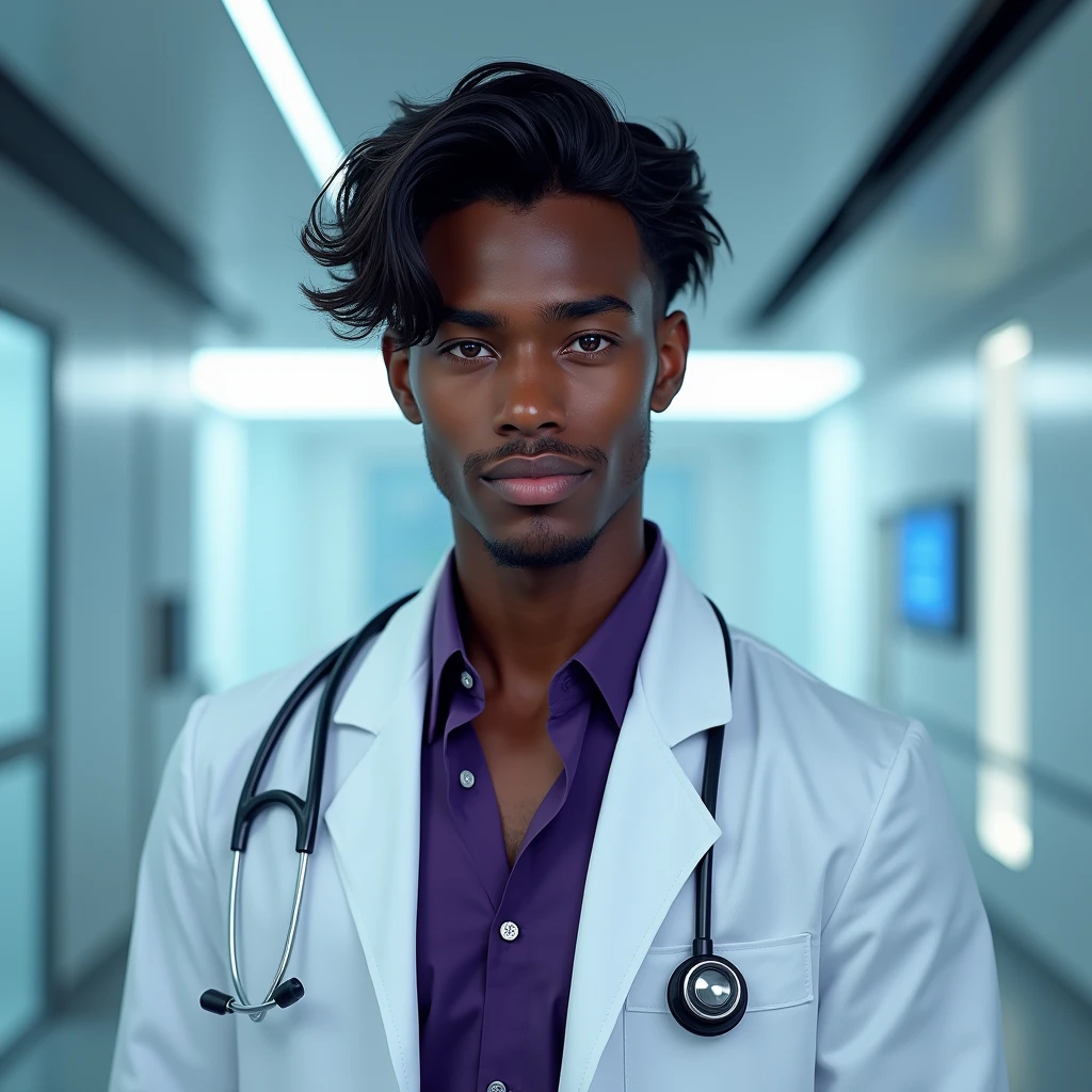 Photograph headshot, hair wavy side part, very tall French featured male model, shaved, toned body, ebony skin, vibrant purple eyes, tall thin toned body. Gentle smile expression. Doctor coat, dark purple shirt, modern sci-fi hospital office.