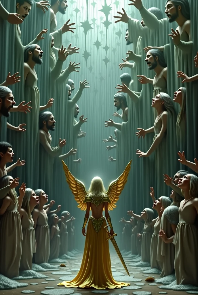 A wall of faces and hands struggling as people trapped in the wall try to escape.  The wall is made of a gray gel like material that is like dark stained glass that does not break.  A beautiful female angel is wearing golden armor and is armed with a glittering sword, as she stands guard -- watching with eyes filled with pity and sorrow.