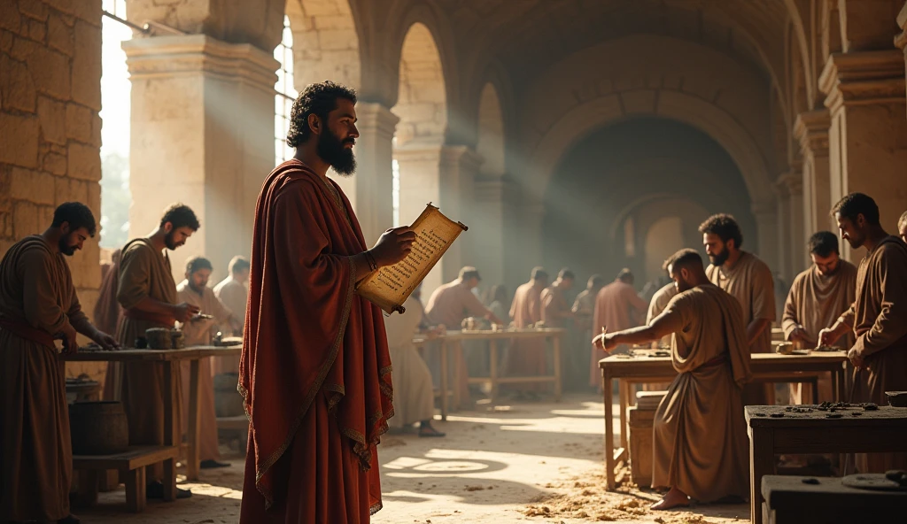 Create a hyper-realistic and mysterious image of Solomon in a large ancient workshop, where craftsmen are busy working on different tasks, how to sculpt, weave and forge. Solomon is watching closely, with an expression of approval, while holding a scroll on which is written the quote from Proverbs 14:23. The environment should be lit by natural light that enters through large stone windows, creating a soft contrast between light and shadows, highlighting the diligent effort of the workers. The scene should emphasize the connection between hard work and success, showing that effort is rewarded with prosperity.