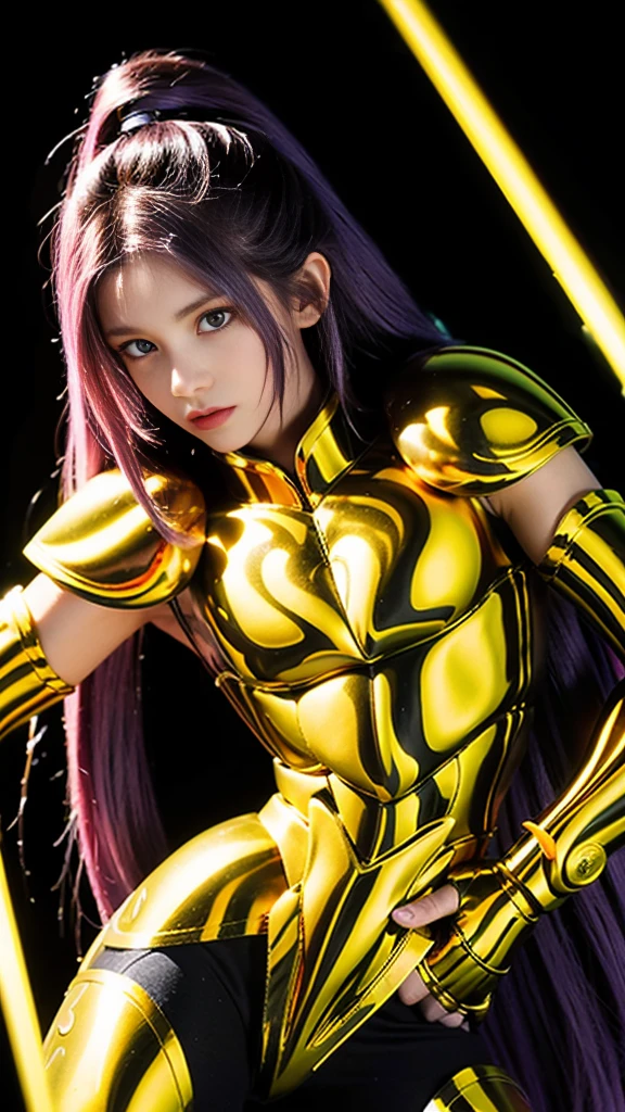 Ultra-high saturation（tmasterpiece）， fully body photo，（best qualtiy）， （1girll），purple hair,  Wearing shiny gold armor， Sexy lingerie type armor，Expose your chest，Expose the waistline，Exposing thighs，cool-pose， Saint Seiya Armor， messy  hair，high detal, Anime style, Cinematic lighting, Sparkle, god light, Ray traching, filmgrain, hyper HD, textureskin, super detailing, Anatomical correct, A high resolution，Ultra-high saturation，hight contrast，High-gloss armor，Smooth skin，An insidious sneer，realisticlying，（tmasterpiece，top Quority，best qualtiy，offcial art，Beauty and aesthetics：1.2），The is very detailed，s fractal art，Extremely colorful