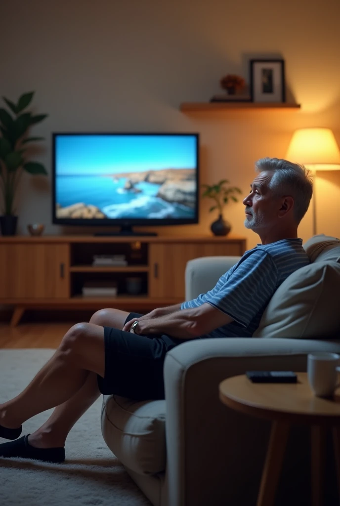 a man watching tv. He is wearing black shorts and a blue striped t-shirt..