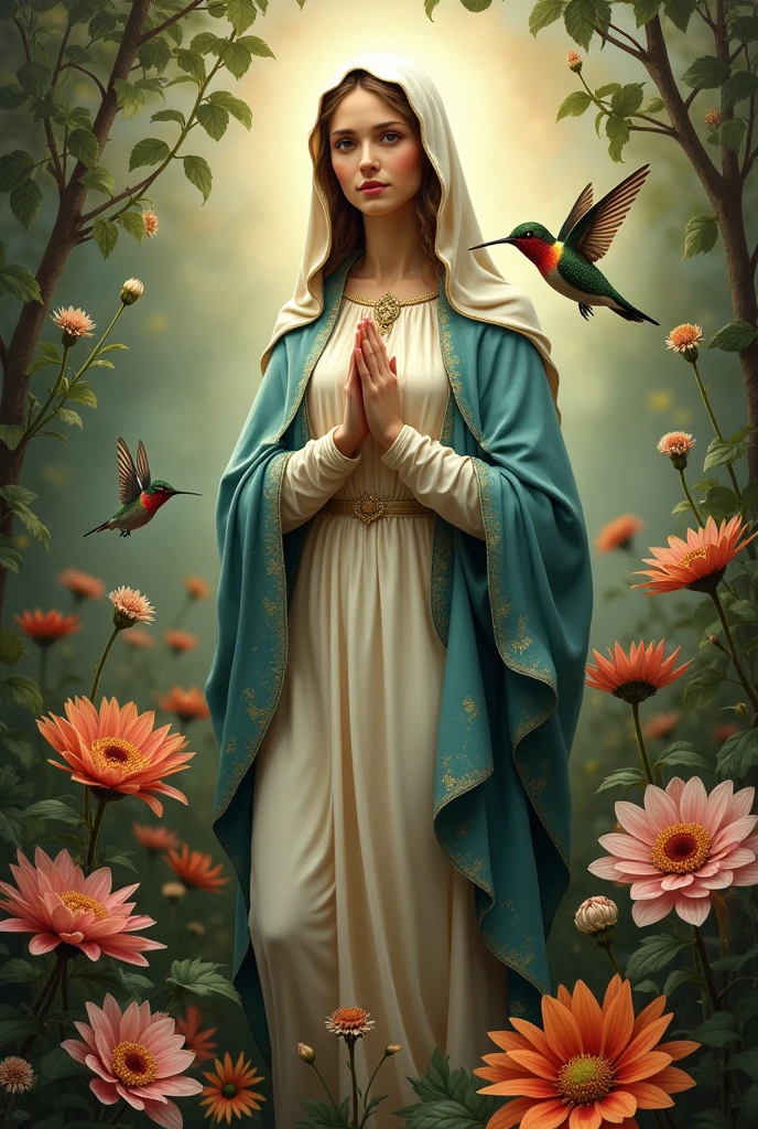 ((best quality)), ((masterpiece)), (detailed), virgin mary, with a hummingbird in a flower
