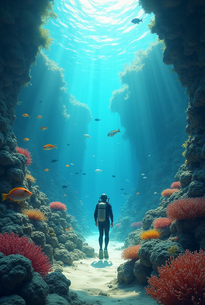 Seabed seen from inside with animals surrounding a diver Add greater biodiversity