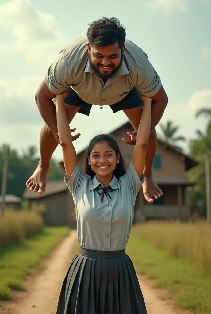 Beautiful Indian  girl in uniform lifting a large chubby man high above her head with her strong arms. Photorealistic. Wide angle. Farmhouse in the background, natural smile 