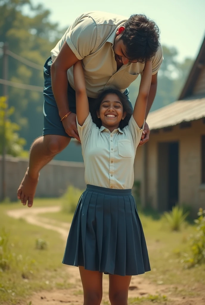 Beautiful Indian age school girl in uniform lifting a large chubby man high above her head with her strong arms. Photorealistic. Wide angle. Farmhouse in the background, natural smile