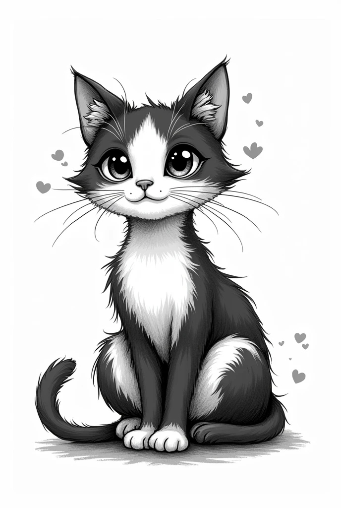 kawaii style cat, fancy, magical, mystic, unusual, black andwhite, wavey lines, realistic line art drawing, coloring book page , without noise, thick, crisp lines, sketch art, centred image, isolated on a white background