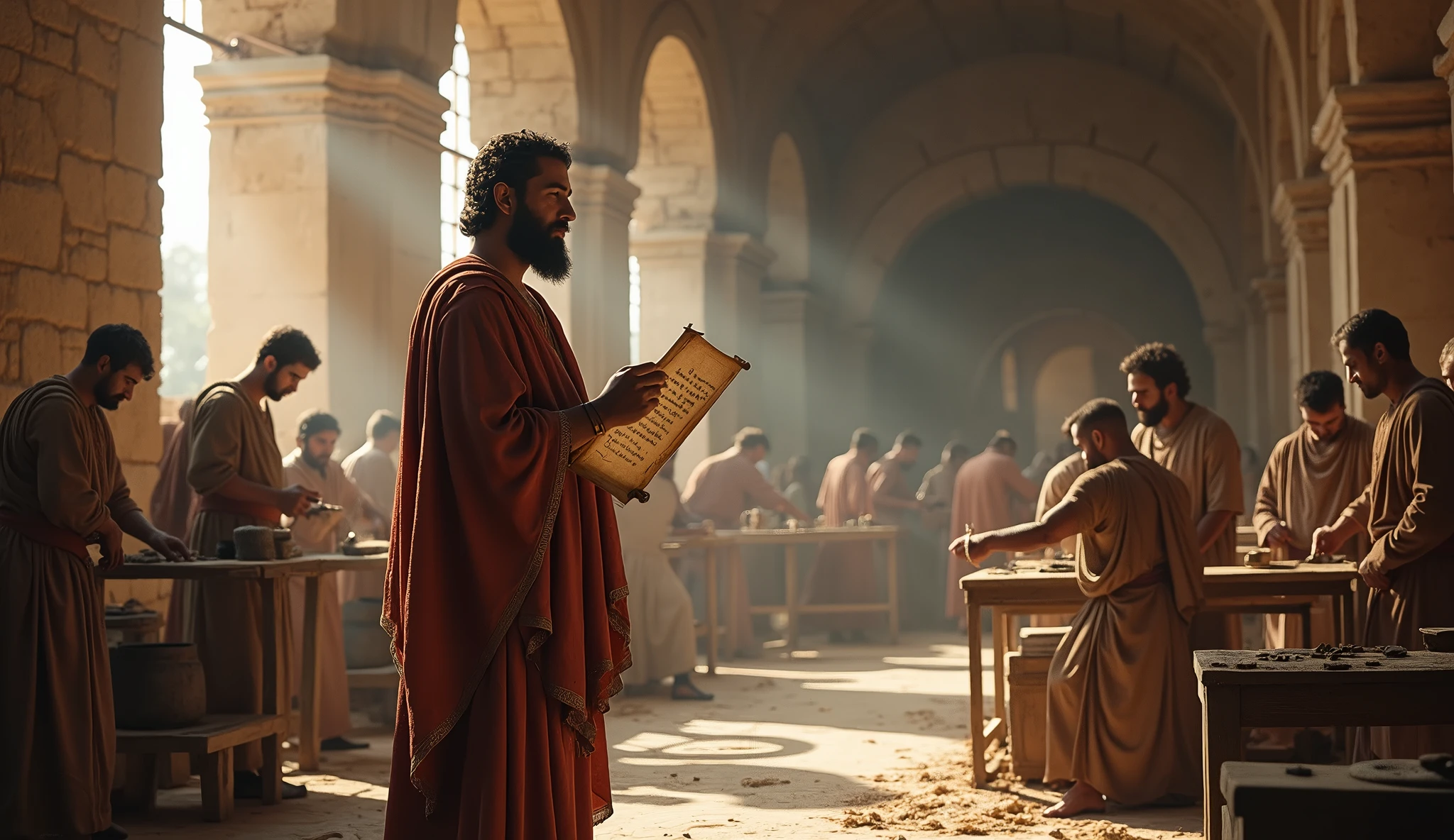Create a hyper-realistic and mysterious image of Solomon in a large ancient workshop, where craftsmen are busy working on different tasks, how to sculpt, weave and forge. Solomon is watching closely, with an expression of approval, while holding a scroll on which is written the quote from Proverbs 14:23. The environment should be lit by natural light that enters through large stone windows, creating a soft contrast between light and shadows, highlighting the diligent effort of the workers. The scene should emphasize the connection between hard work and success, showing that effort is rewarded with prosperity.